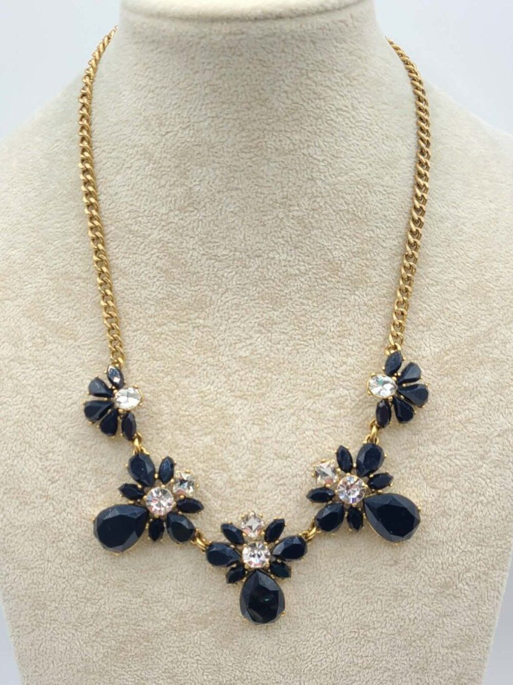 J Crew Black Resin Clear Crystal Gold Tone Necklace